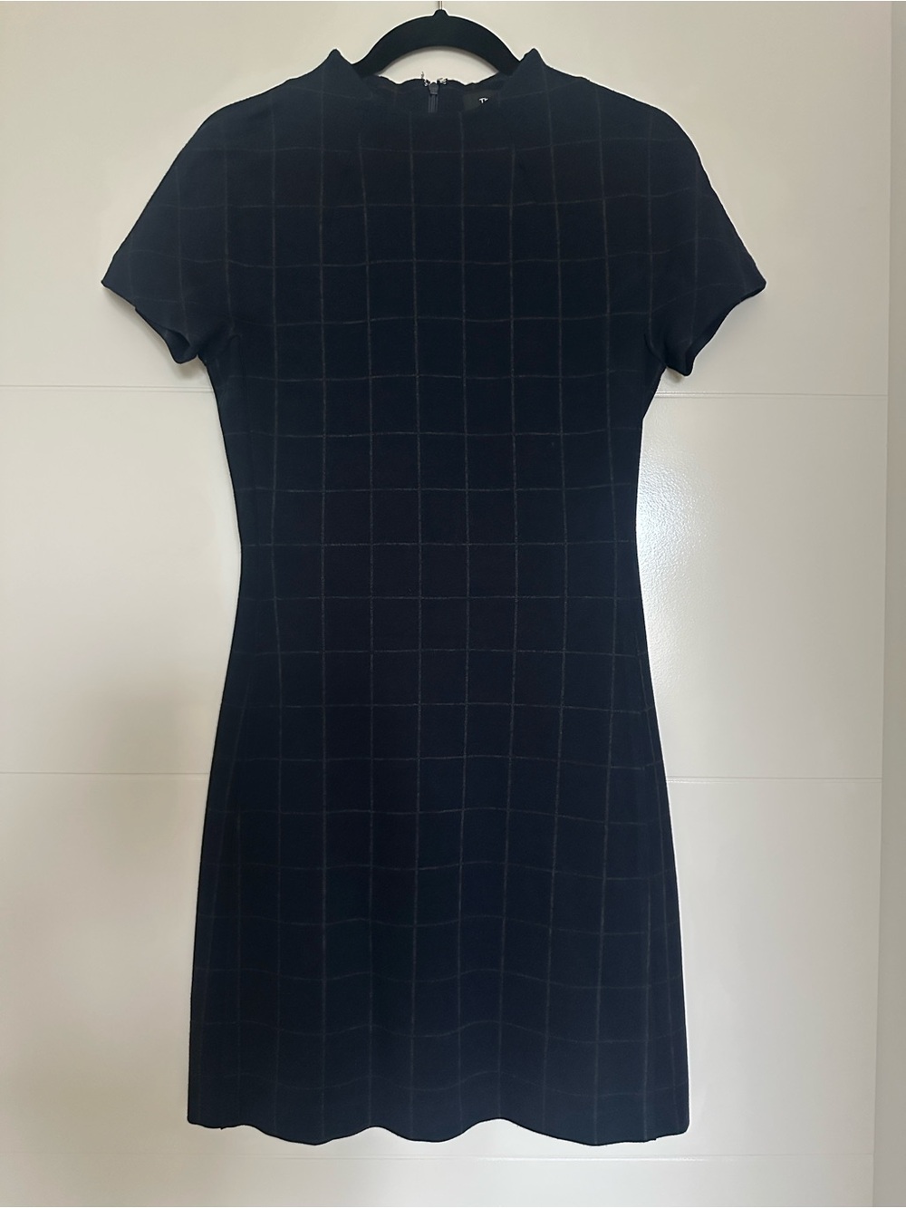 Theory Navy Windowpane Short Sleeve Mini Dress
